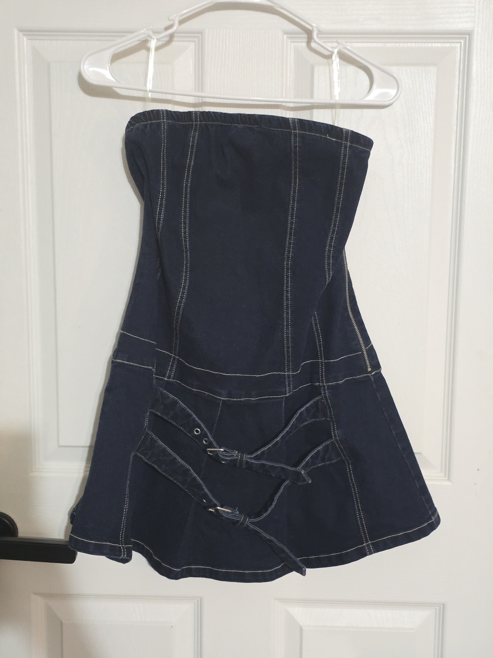Active USA Dark Blue Strapless Denim Mini Dress with Buckle Straps